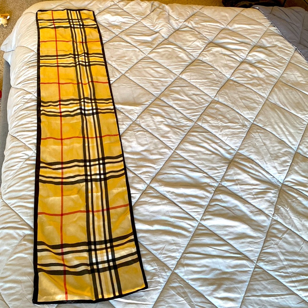Burberry satin scarf with some wear and tear.
